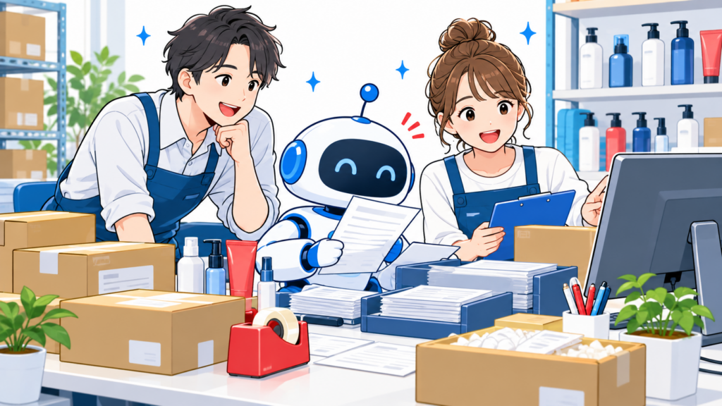少人数のスタッフとAIが情報整理やEC運営に取り組むイメージイラスト