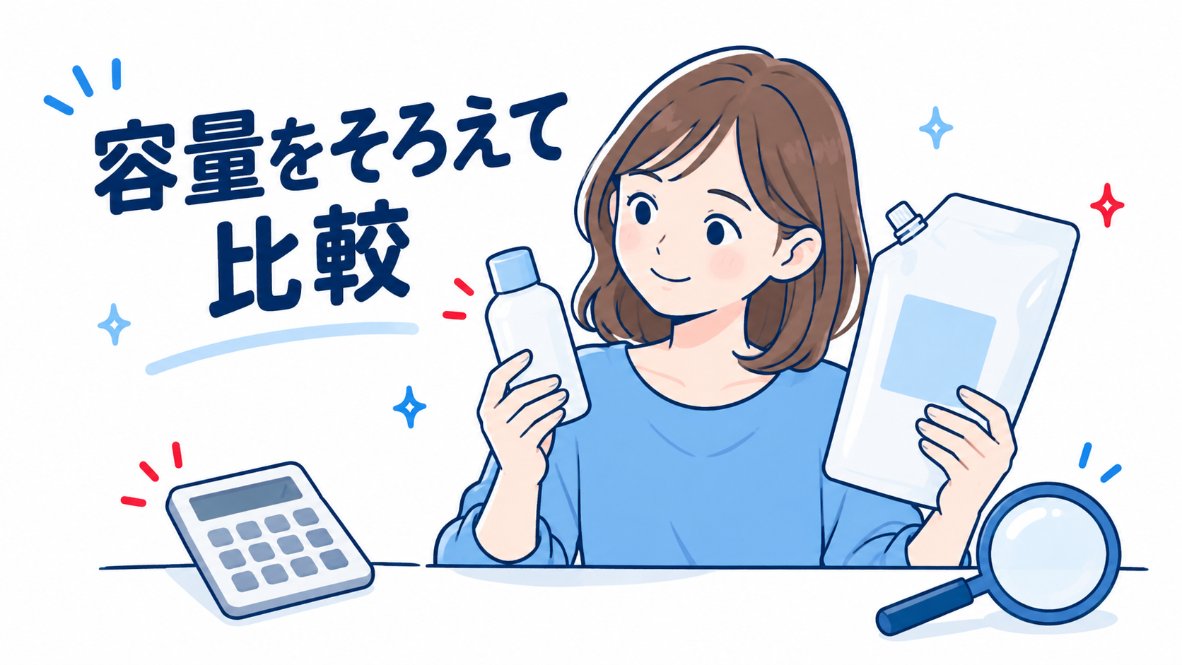 ボトルと詰替えパウチの容量を確認する女性のイラスト