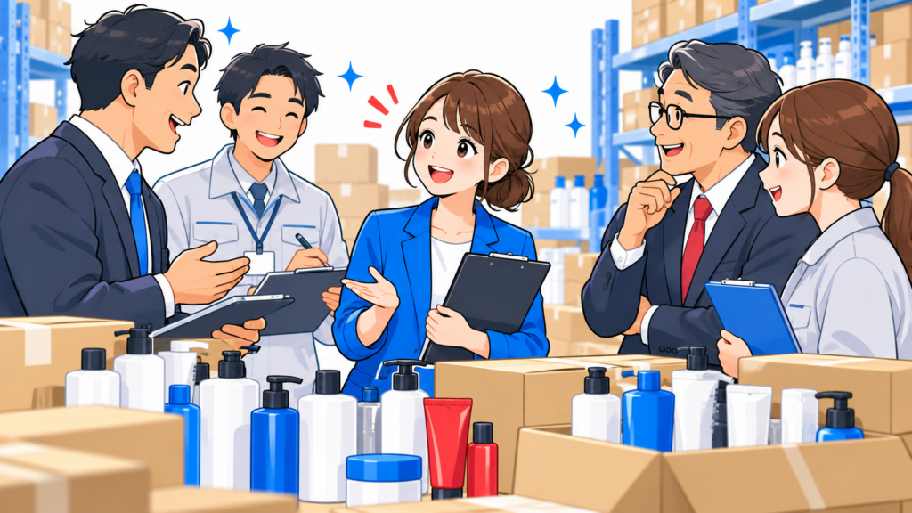 全国のディーラーからの仕入れをイメージした、商品と取引担当者のイラスト